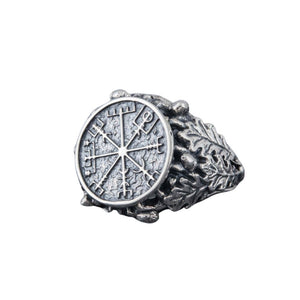 Bague Symbole Vegvisir et Feuilles de Chêne